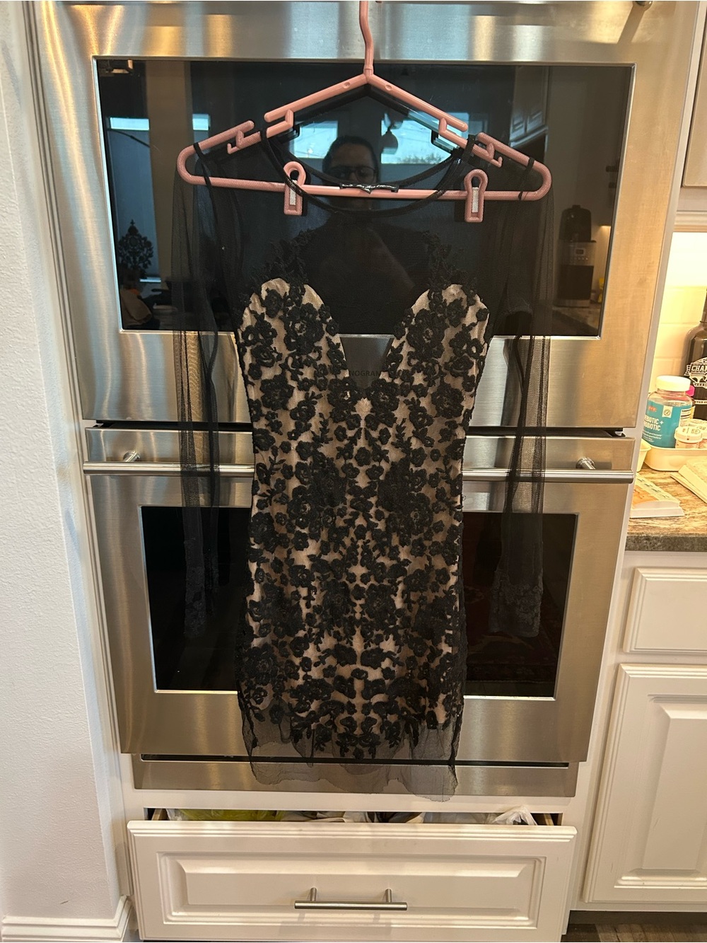 For Love And Lemons Luau Black Lace over Nude Mini Dress size S has tears